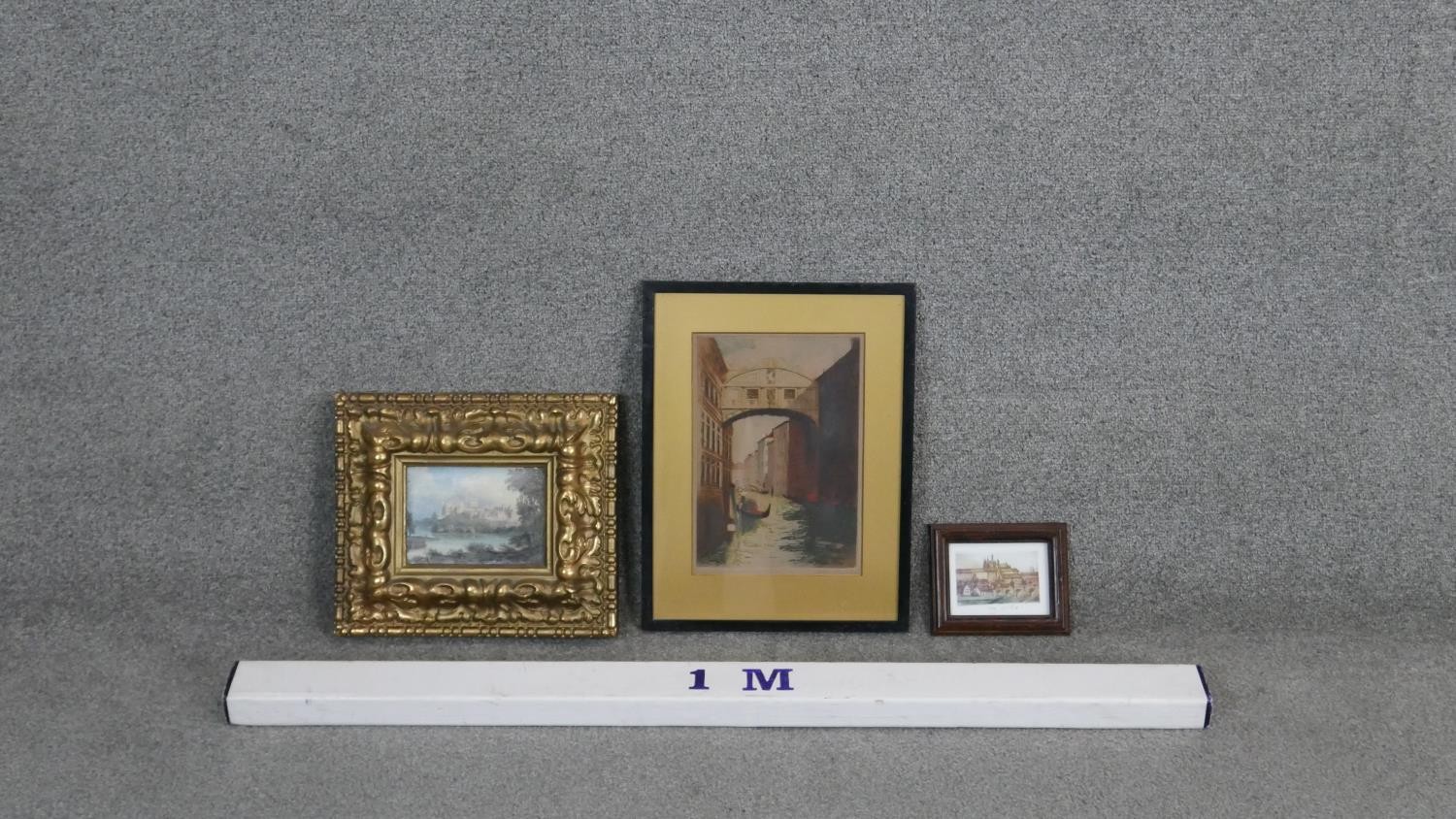 Three framed and glazed prints. One etching of a Venetian canal scene, a gilt framed print of - Image 8 of 8