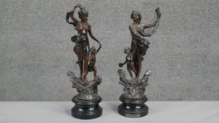 Two spelter figures on ebonised bases of Classical figures. One with brass plaque 'La Musique'. H.40