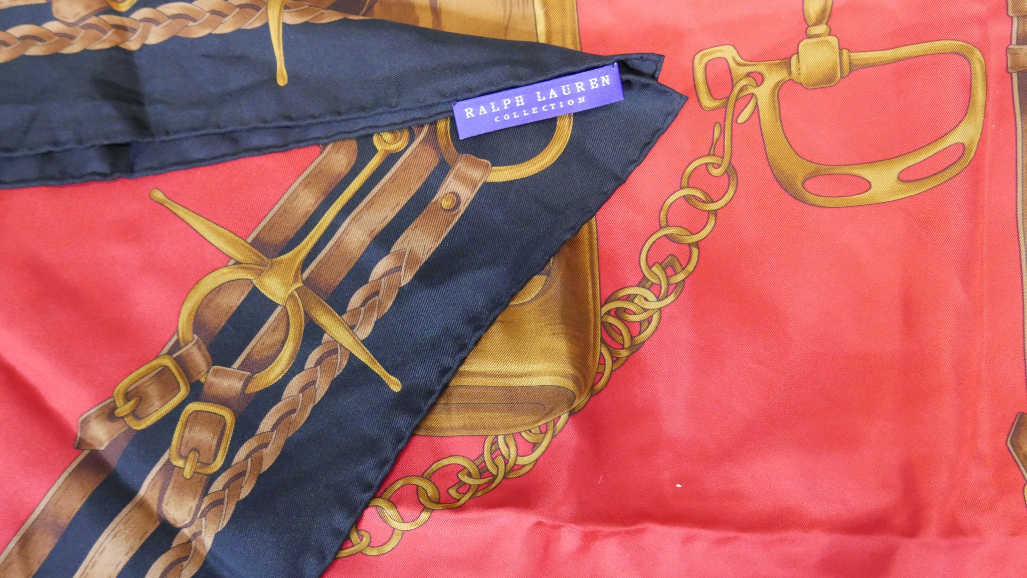 Five designer silk scarves. Including a Ralph Lauren orange and navy equestrian design silk scarf, a - Image 4 of 6