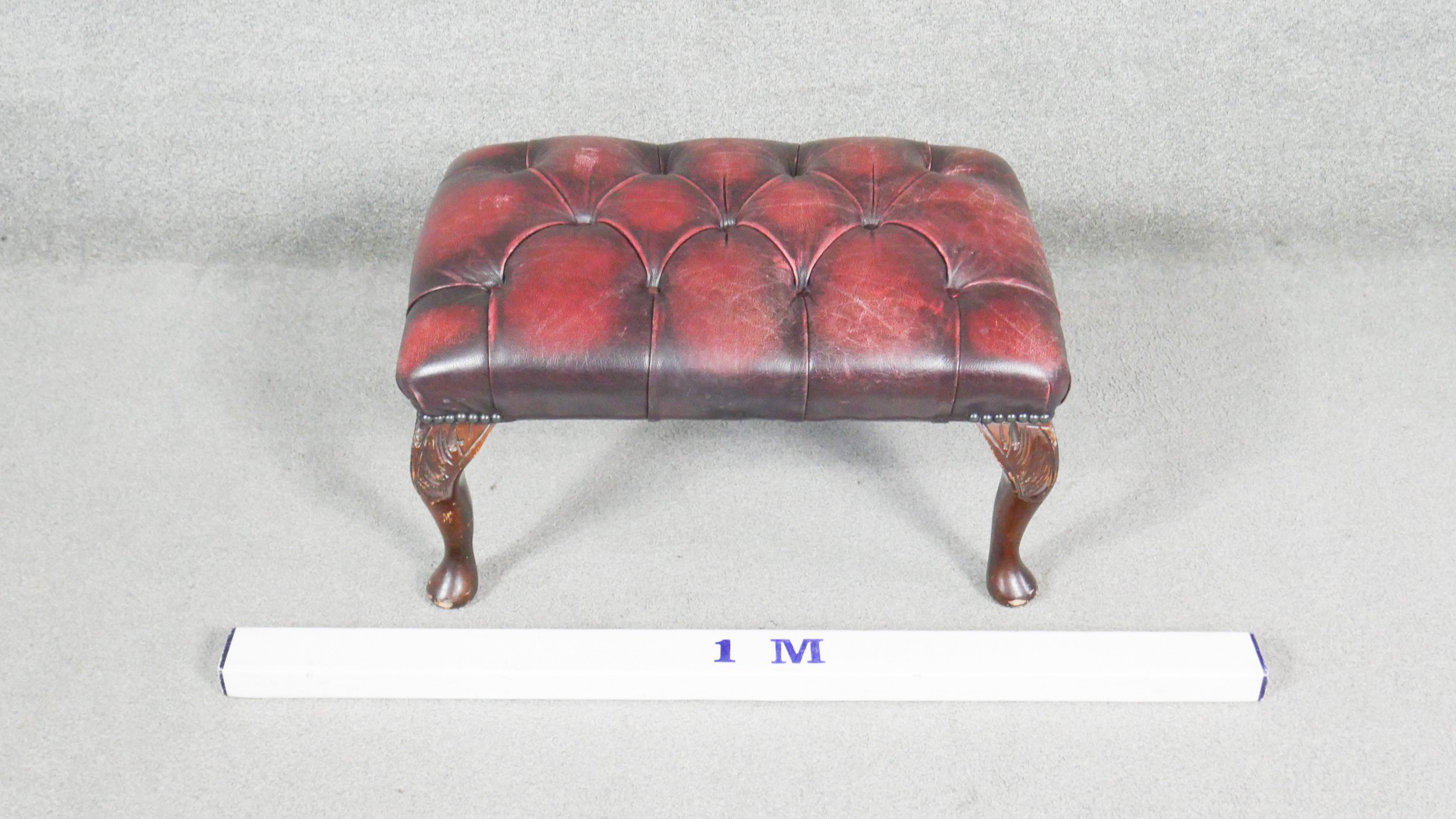 A Georgian style stool in deep buttoned leather upholstery on cabriole supports. H.20 W.65 D.43cm - Image 3 of 6