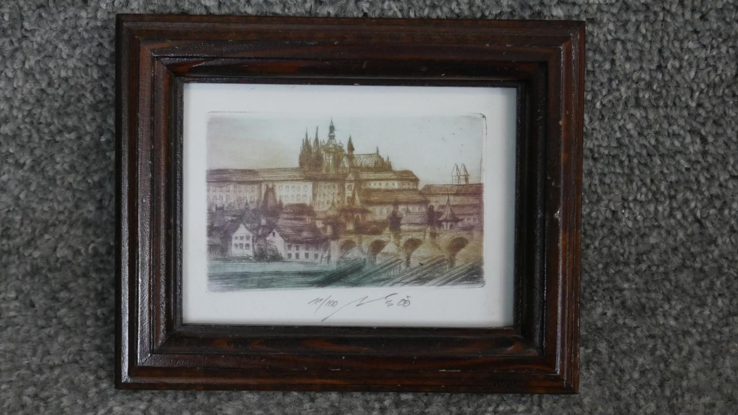 Three framed and glazed prints. One etching of a Venetian canal scene, a gilt framed print of - Image 7 of 8