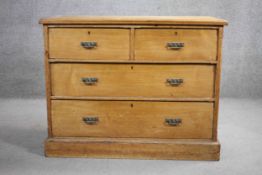 A Victorian ash chest of drawers on plinth base. H.84 W106. D.52 CM