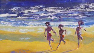 A framed and glazed acrylic on paper of three figures on a beach. Label verso. H.45 W.54cm