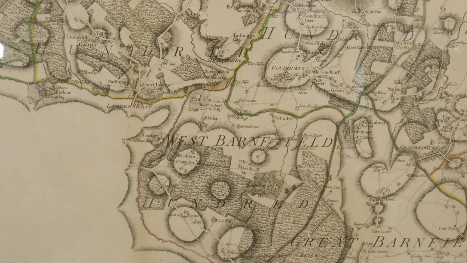 A framed and glazed antique map of West Barnbeld. H.64 W.85cm