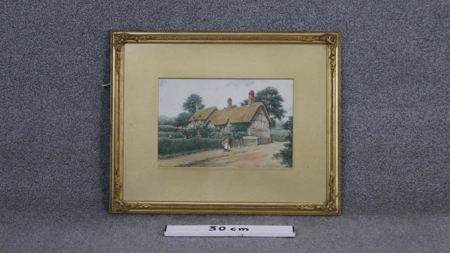 Reginald E Edgecombe- A framed and glazed watercolour of a row of thatched cottages. Signed by - Image 4 of 4