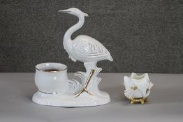 A gilded porcelain white heron jardinière along with a Moore Brothers Soft Paste Porcelain '
