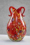 A large Murano Millefiori pulled feather multicoloured glass vase. H. 30 W.17 cm
