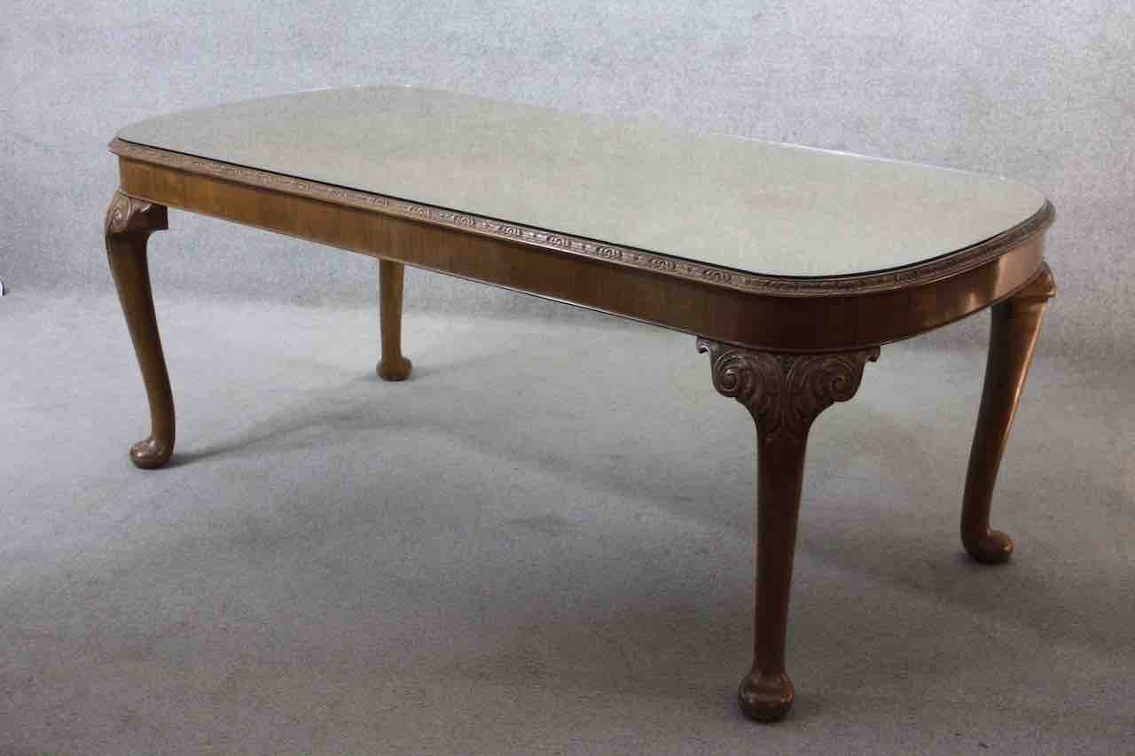 A mid century burr walnut Epstein dining table with plate glass top on carved cabriole supports. H. - Image 4 of 6