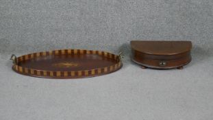 A C.1900 mahogany and satinwood twin handled galleried tray with central inlaid cartouche along with