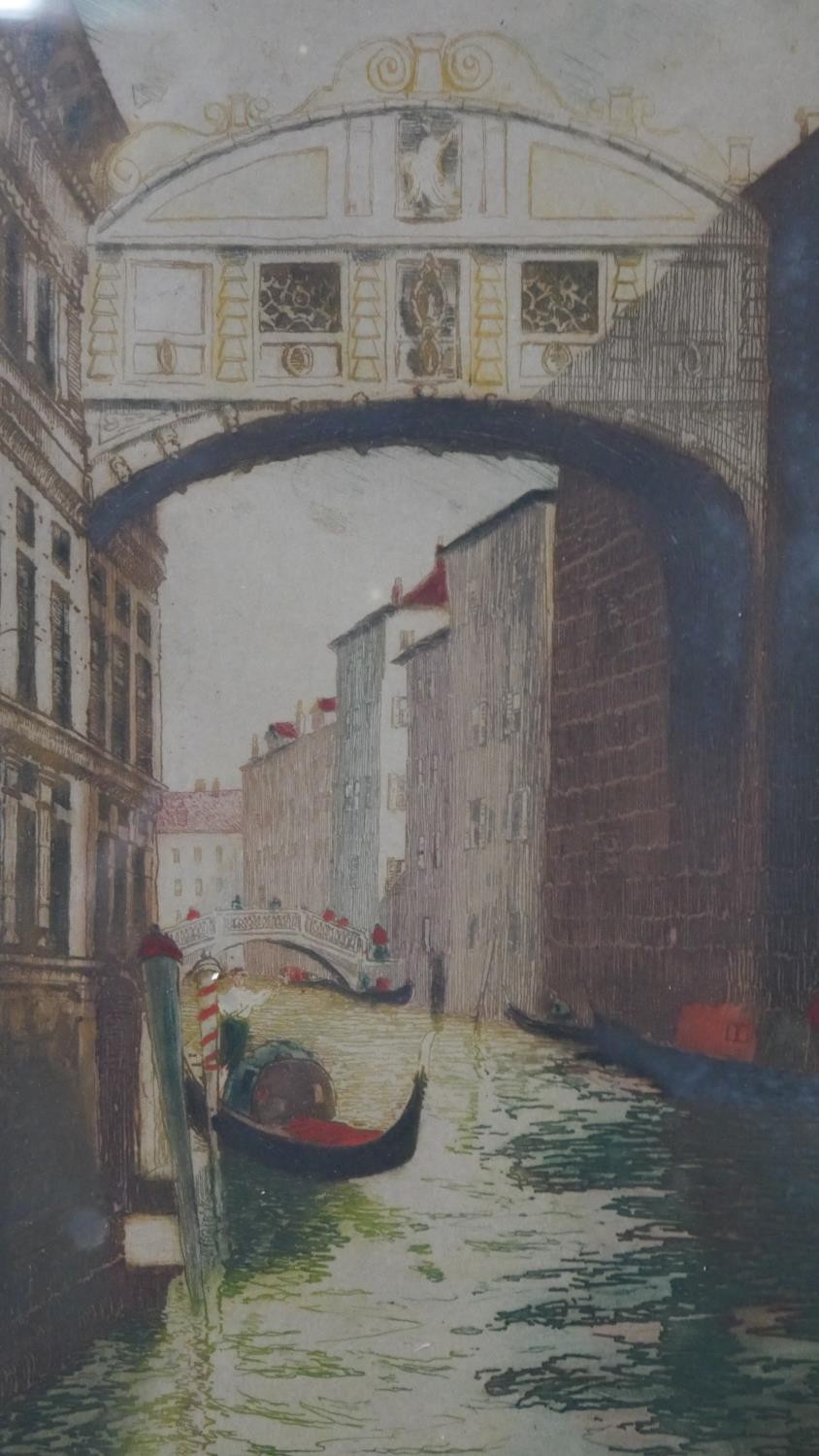 Three framed and glazed prints. One etching of a Venetian canal scene, a gilt framed print of - Image 4 of 8