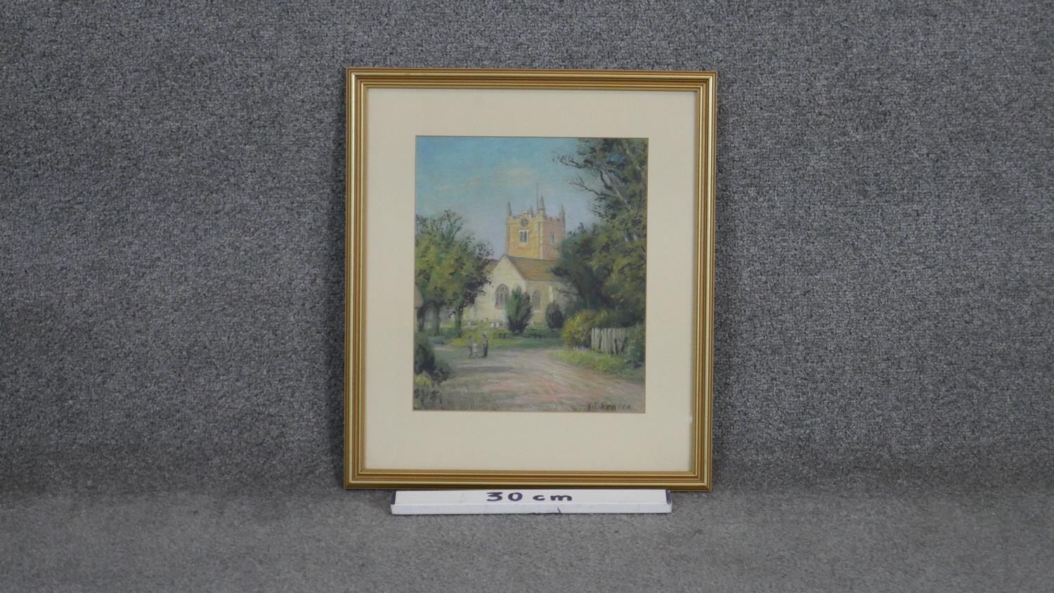 Ivy T. Pearce- A framed and glazed pastel of an English church. Signed by artist. H.40 W.46cm - Image 4 of 4