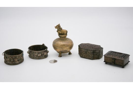 A pair of studded white metal cuffs along with two pierced design trinket boxes and a brass censer - Image 2 of 5