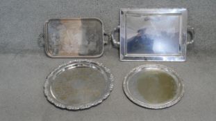 Four silver plated serving trays. Two twin handled, one with a pierced gallery and engraved