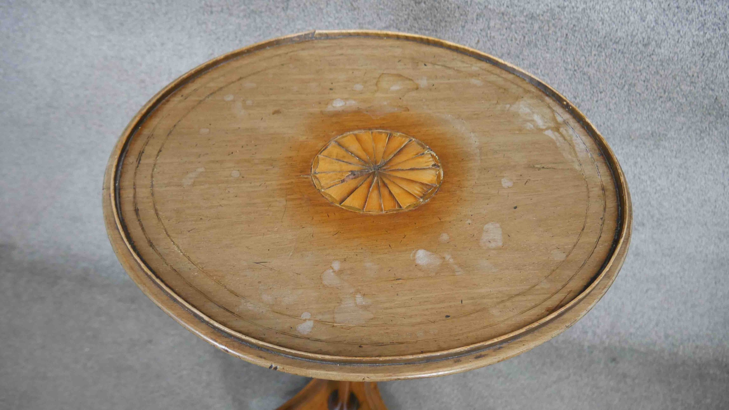 A 19th century mahogany and satinwood strung Empire style lamp table table with central inlaid fan - Image 2 of 4