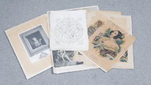 Six unframed 19th century engraving's of various subjects. Including an a sculptural detail. H.50