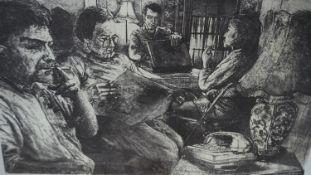 An unframed etching of figures in an interior titled 'The Waiting', signed and dated in pencil '