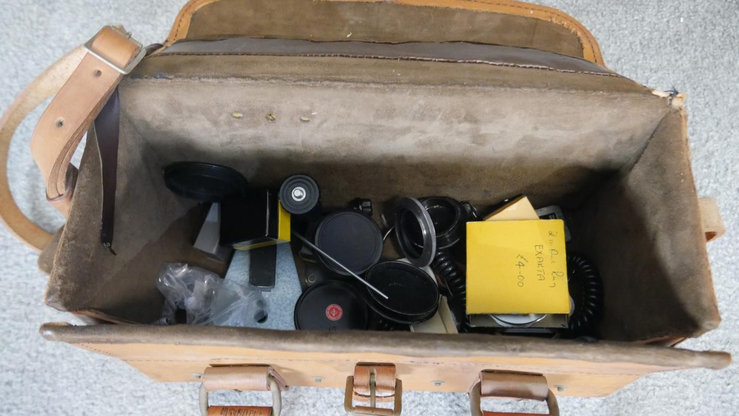 A brown leather shoulder bag containing various lenses and scientific equipment parts for - Image 2 of 4