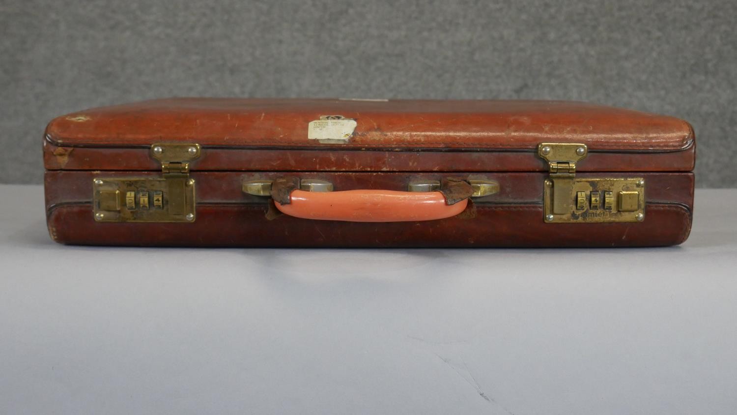 A vintage tan leather brief case with multi partitioned ostrich skin interior and brass hardware. - Image 3 of 6