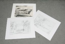 Basil Nubel (1923 - 19813) Three unframed pencil and charcoal sketches. One of boats and the other