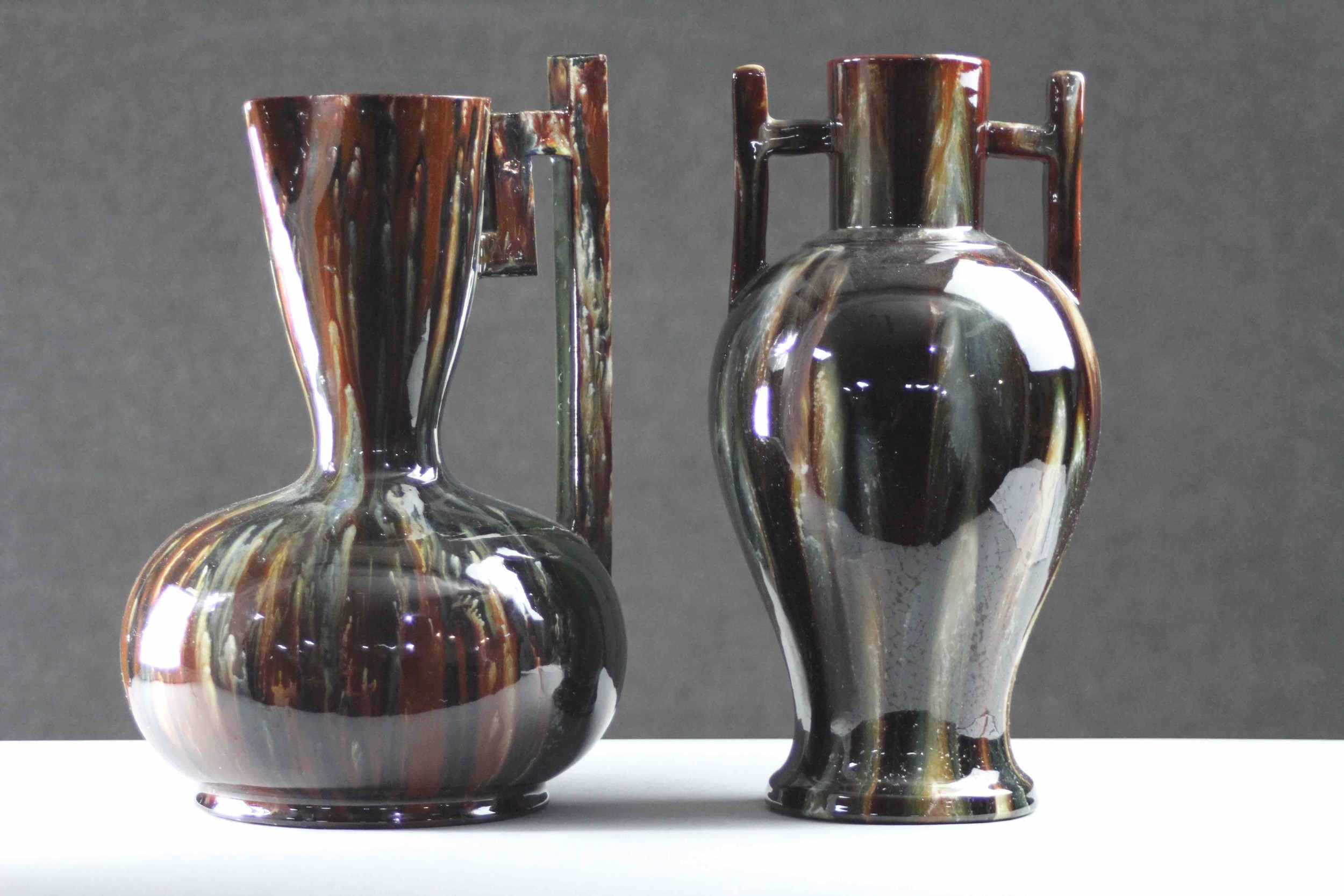 Christopher Dresser style, Lear Pottery, jug and twin handled vase. Multi-tone grey, brown, blue and - Image 2 of 5