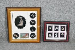 Two framed and glazed collections of white metal souvenirs from Dubai. Including Kukris, camels