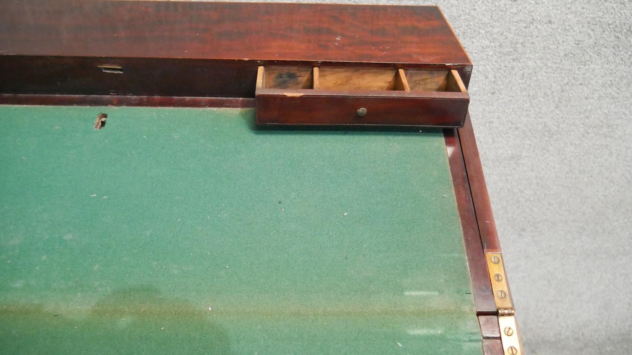 A 19th century mahogany and satinwood inlaid fold out writing desk with fitted interior on base with - Image 5 of 8