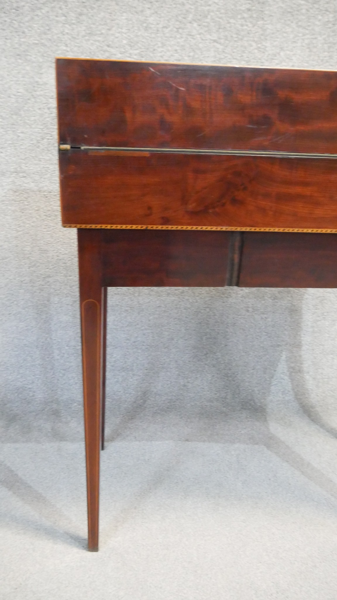 A 19th century mahogany and satinwood inlaid fold out writing desk with fitted interior on base with - Image 7 of 8