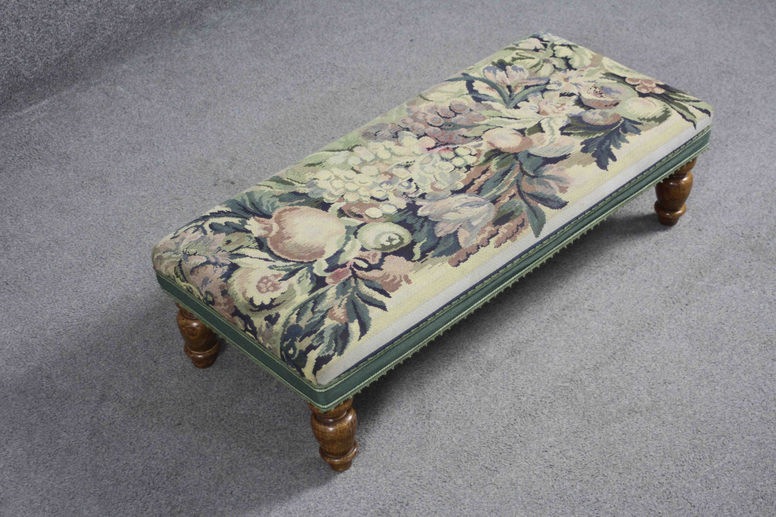 A Victorian style foot stool in tapestry upholstery on beech baluster turned supports. H.24 W.80. - Image 5 of 5