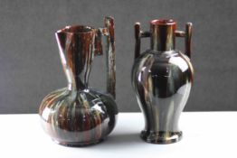 Christopher Dresser style, Lear Pottery, jug and twin handled vase. Multi-tone grey, brown, blue and