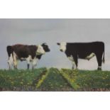 A framed and glazed signed print of cows Signed Larry Learmonth, dated 77. H.52 W.59 cm