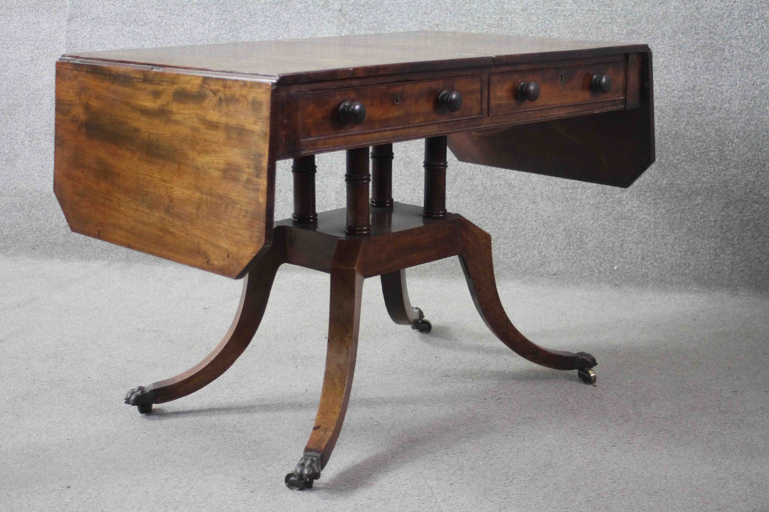 A Regency mahogany drop flap sofa table fitted with a pair of frieze drawers opposing dummy - Image 10 of 12