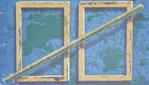 An unframed abstract coloured lithograph of two squares with a pencil. Indistinctly signed. 17/40.