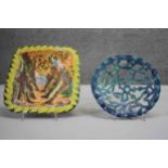 Two pieces of Art Pottery. One painted with a woodland landscape scene, the other with a pierced