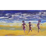 A framed and glazed acrylic on paper of three figures on a beach. Label verso. H.45 W.54cm