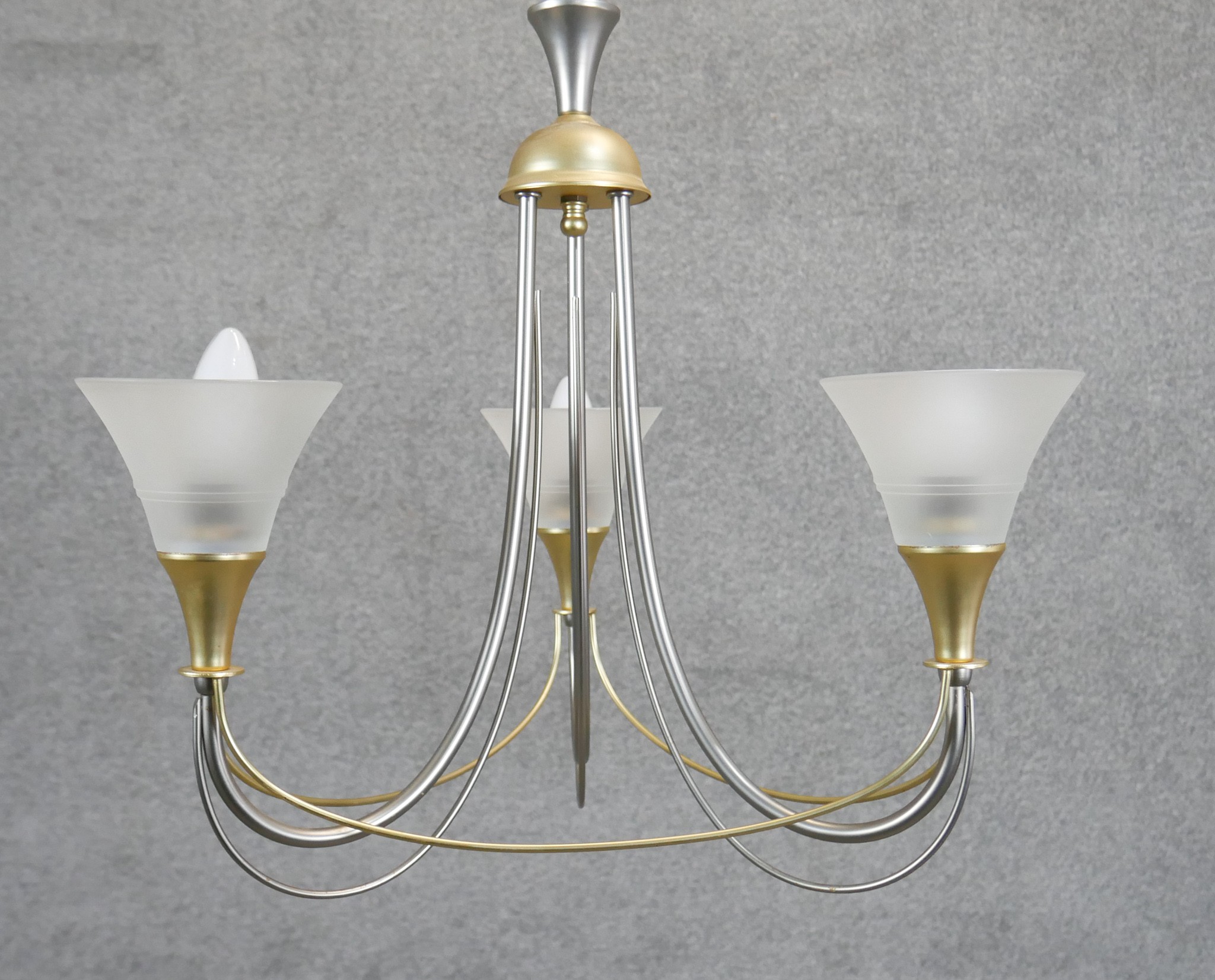 Two three branch chandeliers. One with frosted conical shades and bi-colour metal frame, the other - Image 2 of 6