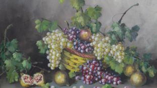A gilt framed oil on canvas still life of grapes in a basket sized Lazaro. H.78 W.94cm