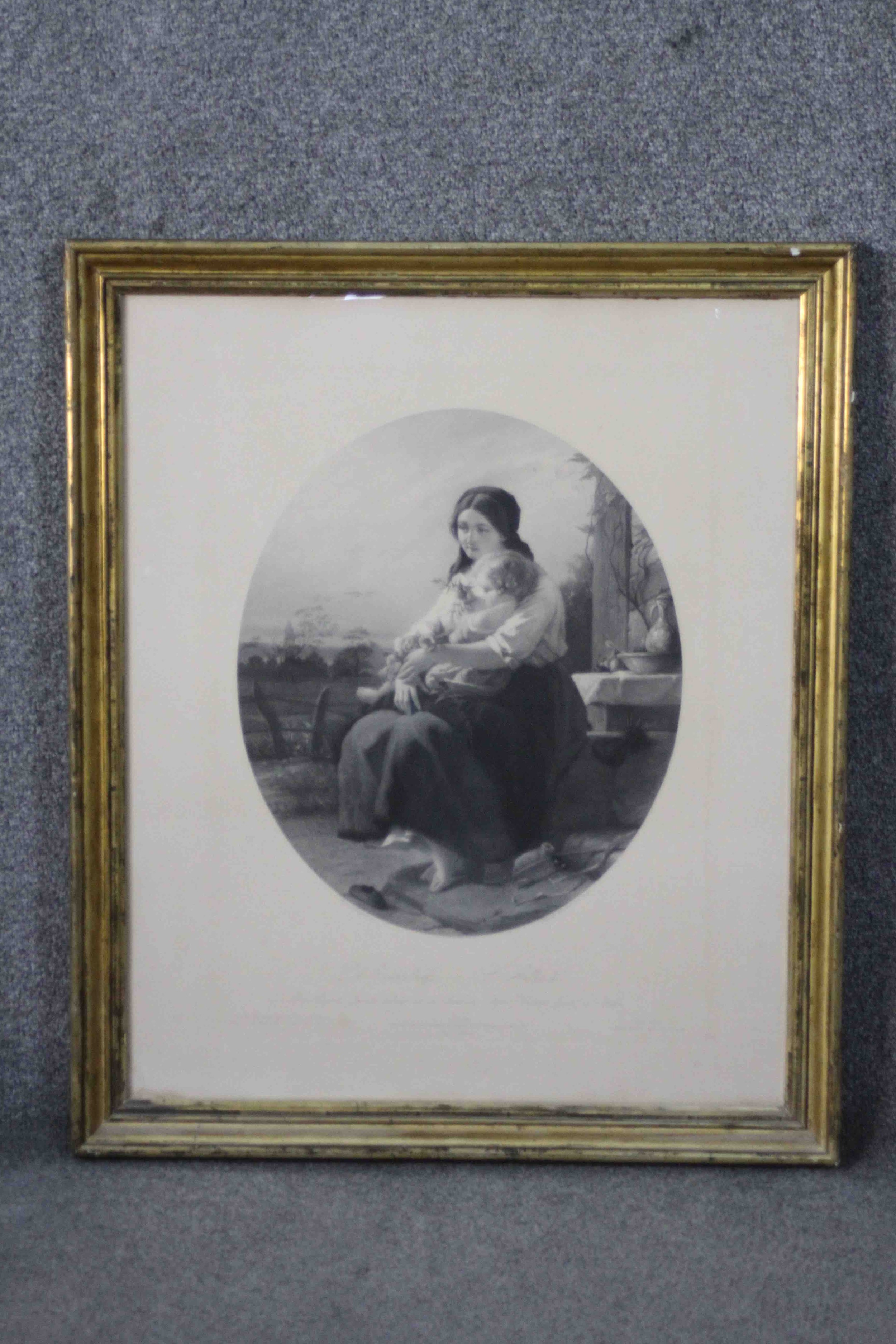A framed and glazed 19th century engraving of a mother and child. Inscription in German. H.74 W. - Image 2 of 4