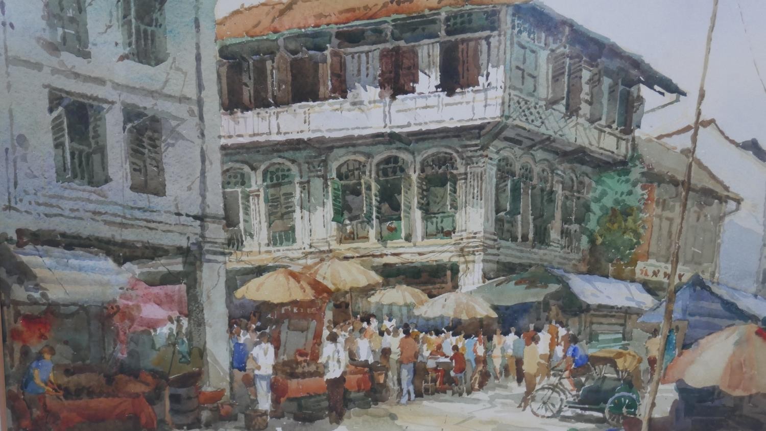 Tong Chin Sye (1939- ) A framed and glazed watercolour of an Singaporean market scene. Signed Tong