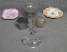 A collection of silver plate, ceramic and glass. Including two hand painted porcelain plates, a