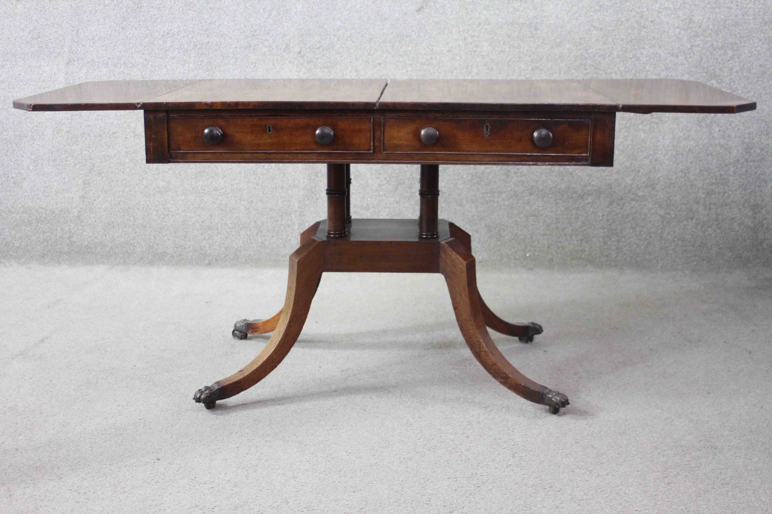 A Regency mahogany drop flap sofa table fitted with a pair of frieze drawers opposing dummy - Image 4 of 12
