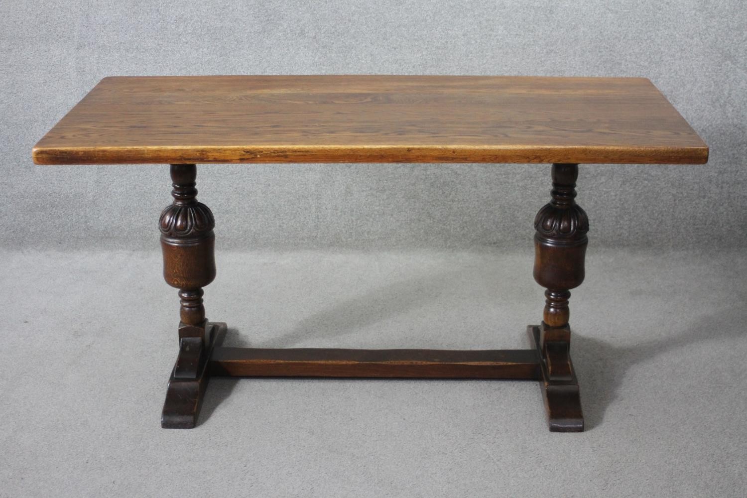 A mid century oak Jacobean style refectory dining table on carved baluster stretchered platform - Image 2 of 6