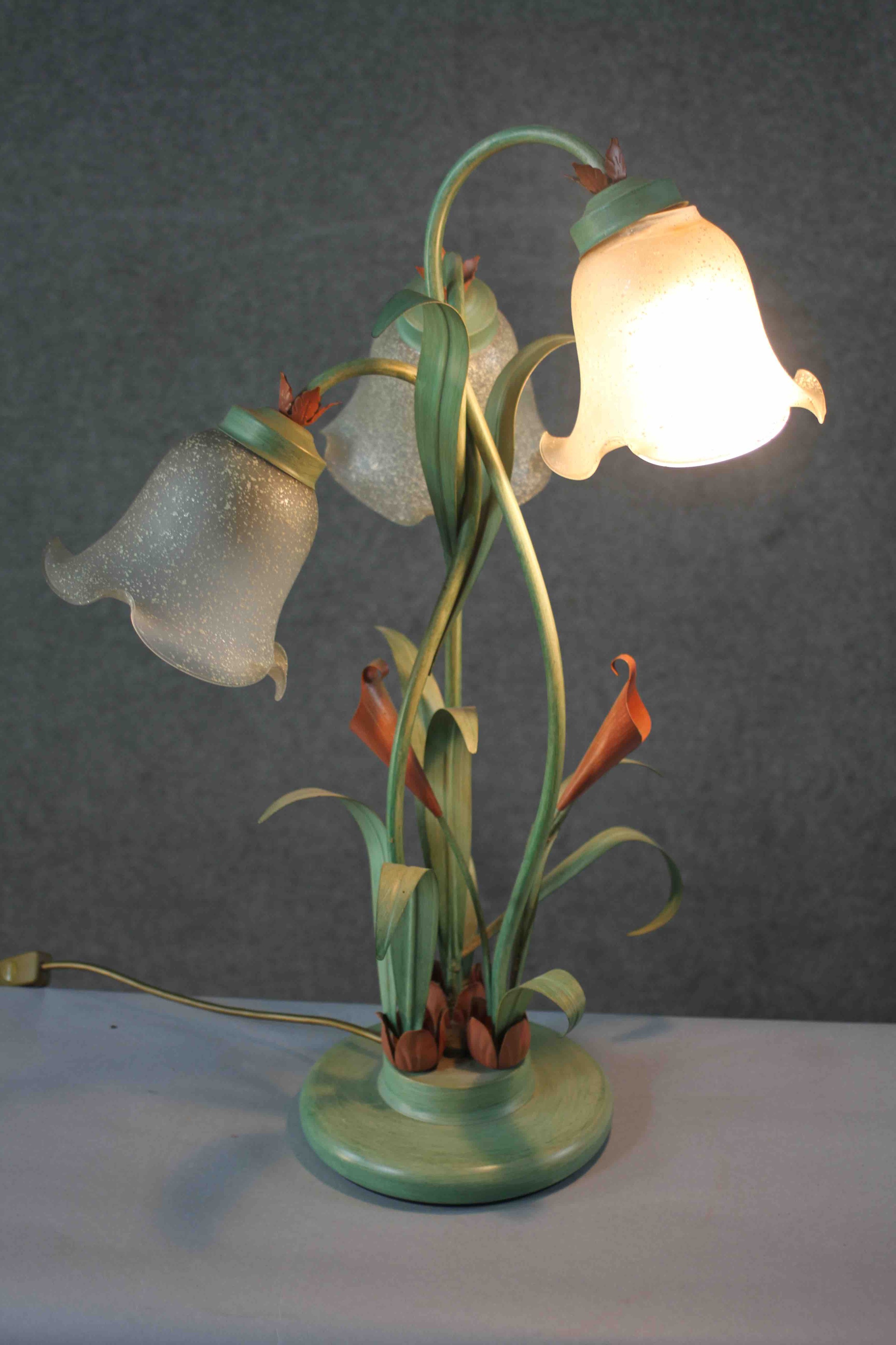 A toleware painted floral design table lamp along with a similar three branch chandelier. The - Image 2 of 5