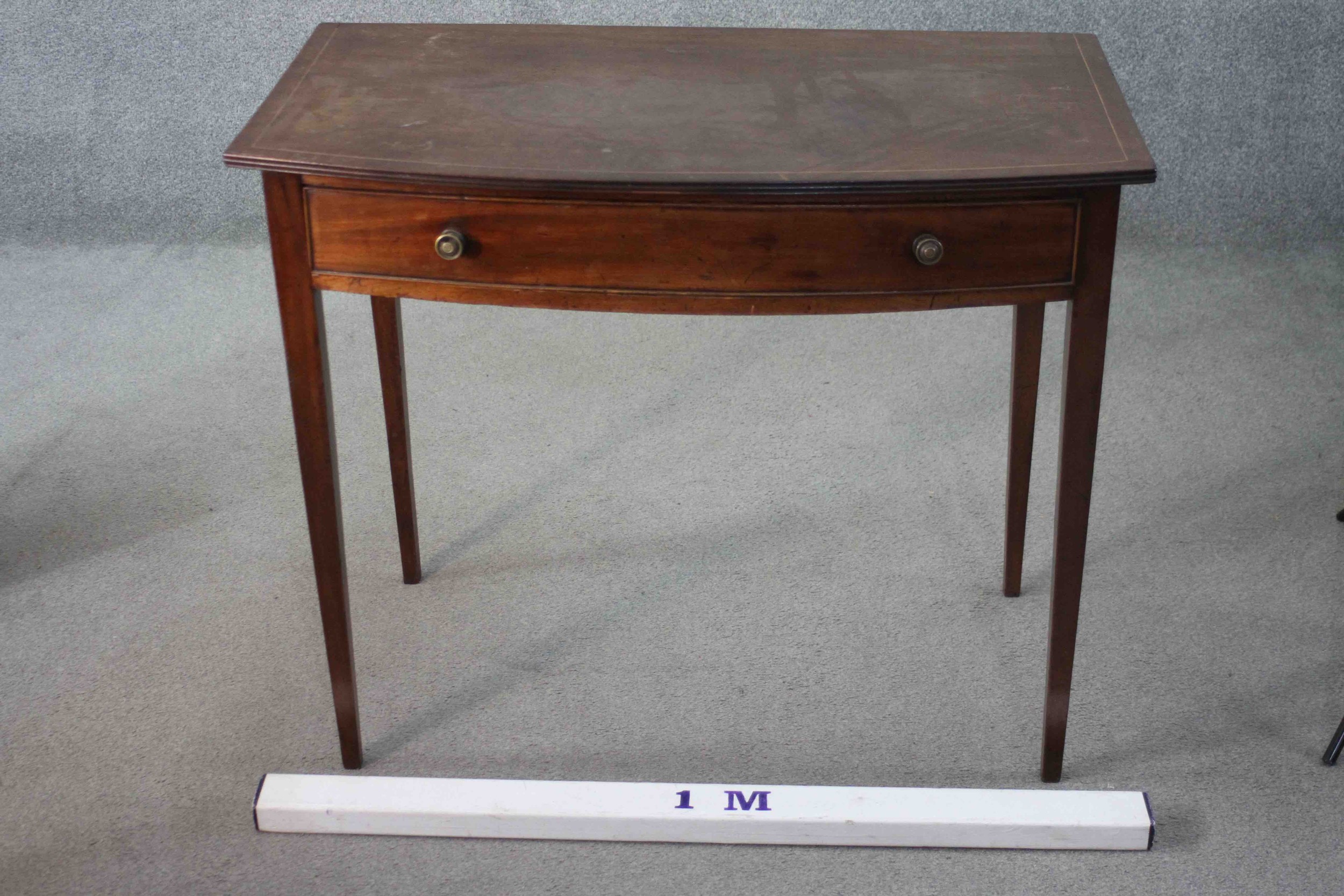 A 19th century mahogany and satinwood strung bow fronted side table on square tapering supports. H. - Image 7 of 7