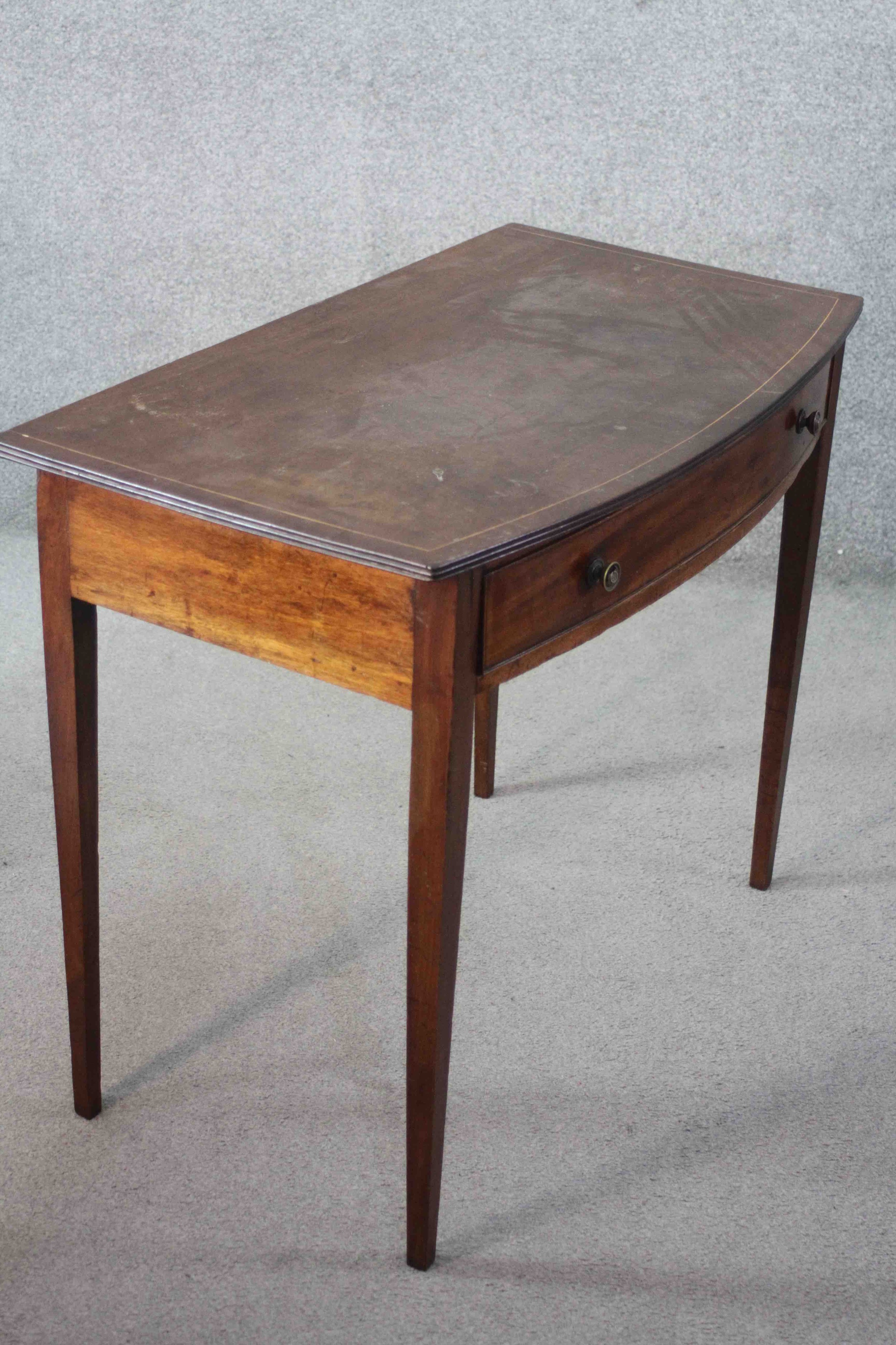 A 19th century mahogany and satinwood strung bow fronted side table on square tapering supports. H. - Image 4 of 7
