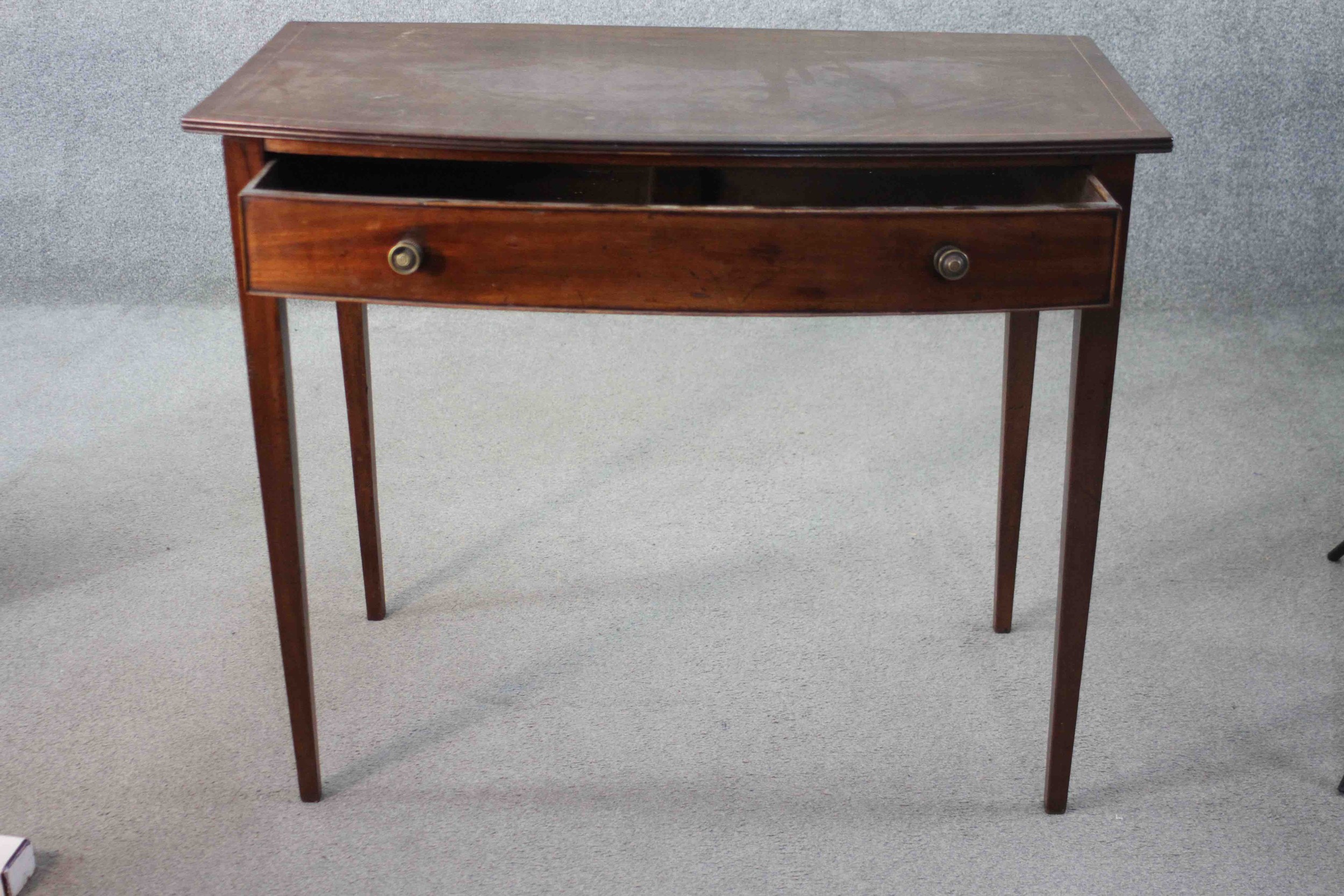 A 19th century mahogany and satinwood strung bow fronted side table on square tapering supports. H. - Image 3 of 7