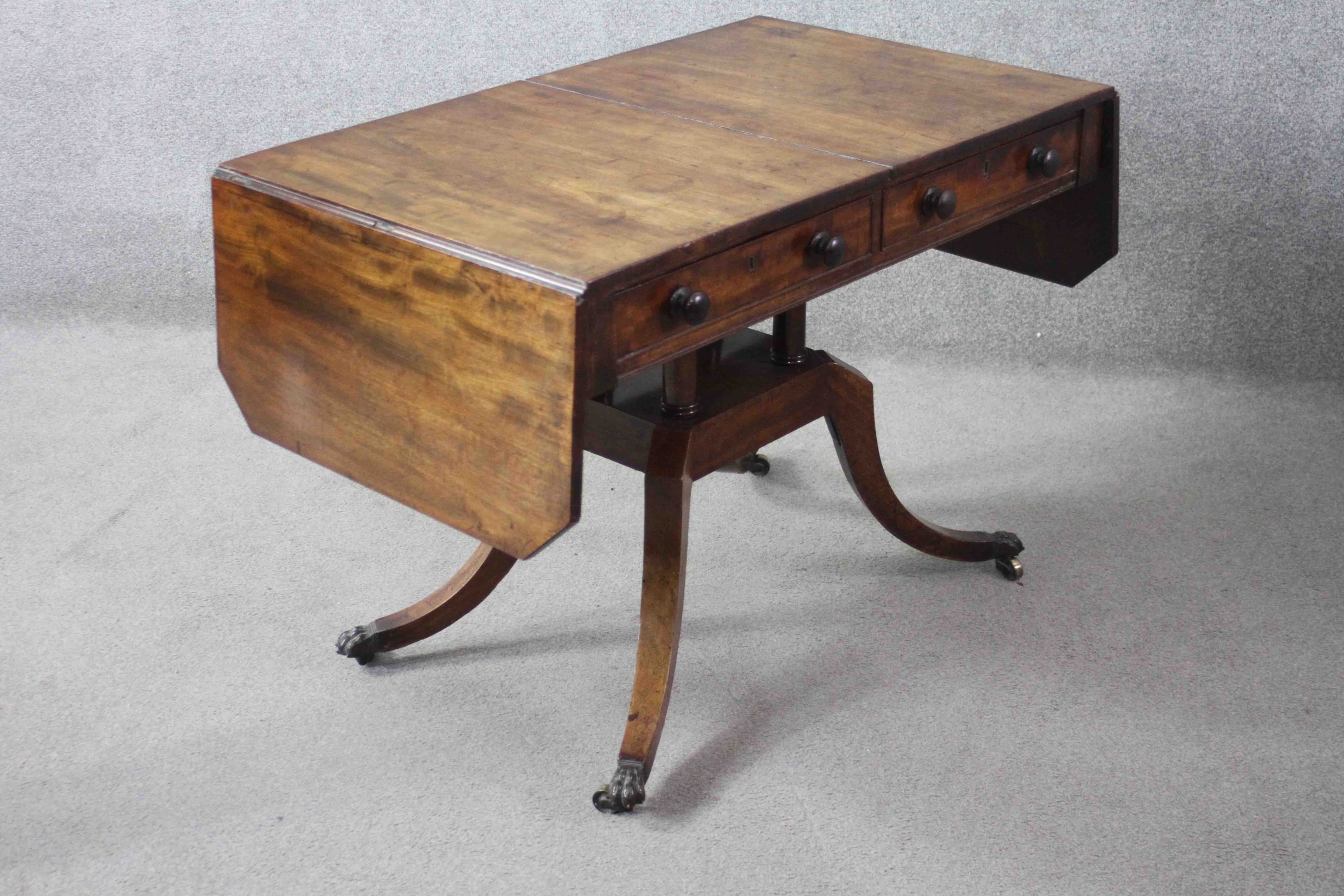A Regency mahogany drop flap sofa table fitted with a pair of frieze drawers opposing dummy - Image 9 of 12