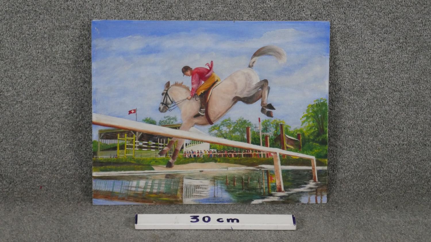 An oil on board of show jumper, inscribed Hickstead, Sussex. Signed J. Siroky. H.36 W.45cm - Image 4 of 5