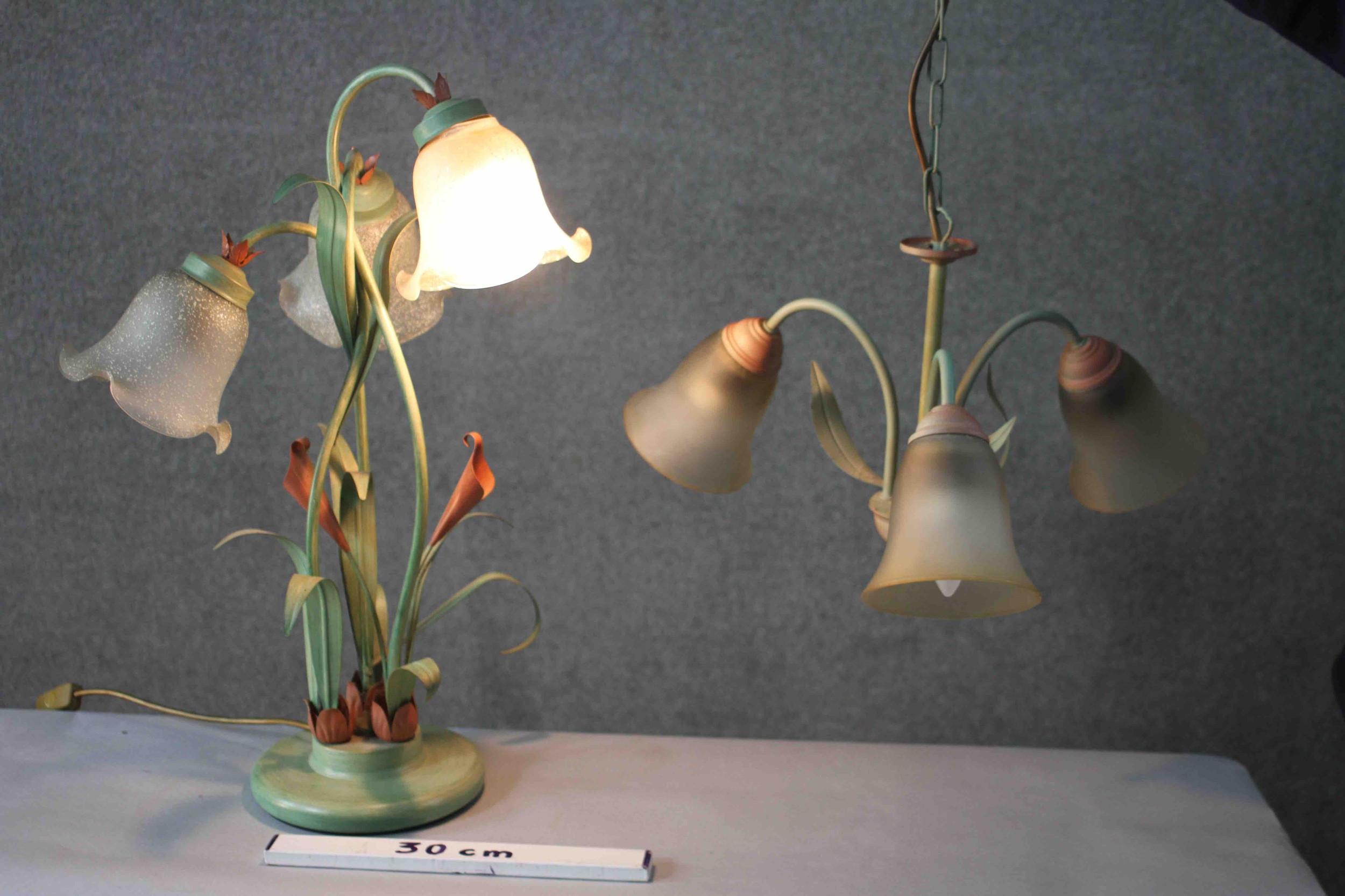 A toleware painted floral design table lamp along with a similar three branch chandelier. The - Image 5 of 5