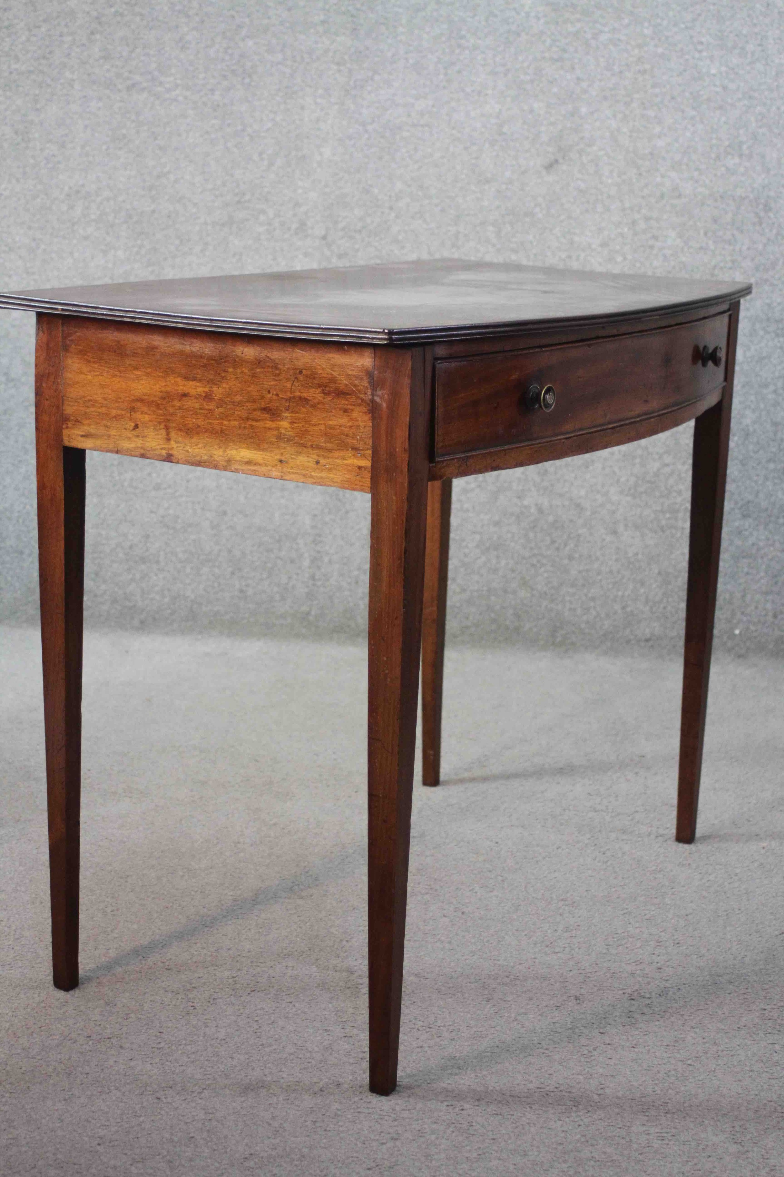 A 19th century mahogany and satinwood strung bow fronted side table on square tapering supports. H. - Image 5 of 7