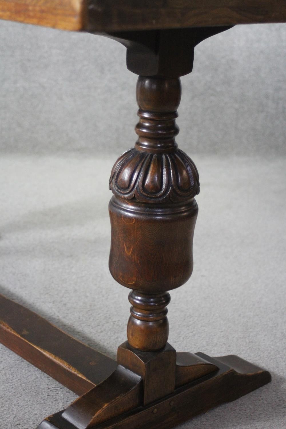 A mid century oak Jacobean style refectory dining table on carved baluster stretchered platform - Image 5 of 6